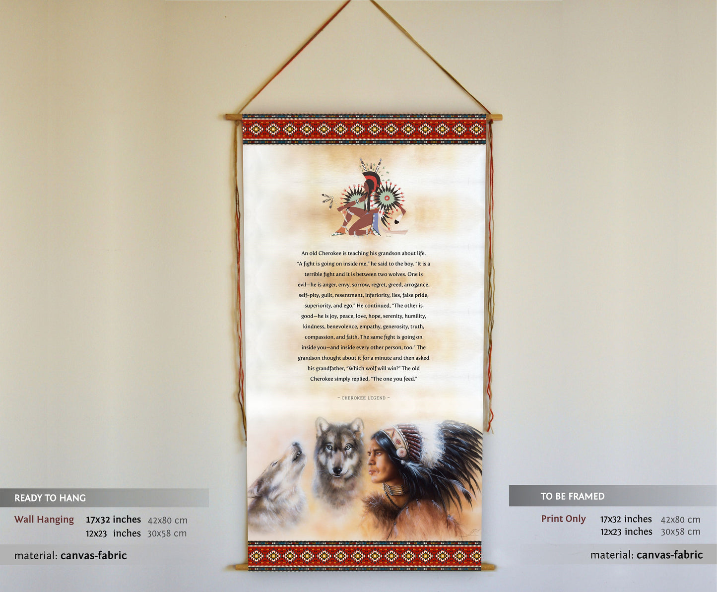 Two Wolves, Native American, Wall Hanging, inspirational quotes, wall art, prints, two wolves, tapestry, yoga decor, Cherokee Legend