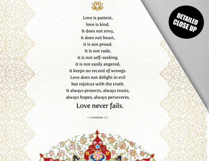 Love is Patient, Wall Hanging, Bible Verse Wall Art, Love Never Fails, Christian, Scripture, 1 Corinthians 13, Prints, Mandala art, Tapestry