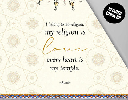 Rumi Quote, Rumi Wall Art, Sufi Art, Inspirational, Rumi Print, Meditation Gifts, I belong to no religion, My religion is Love. Wall Hanging