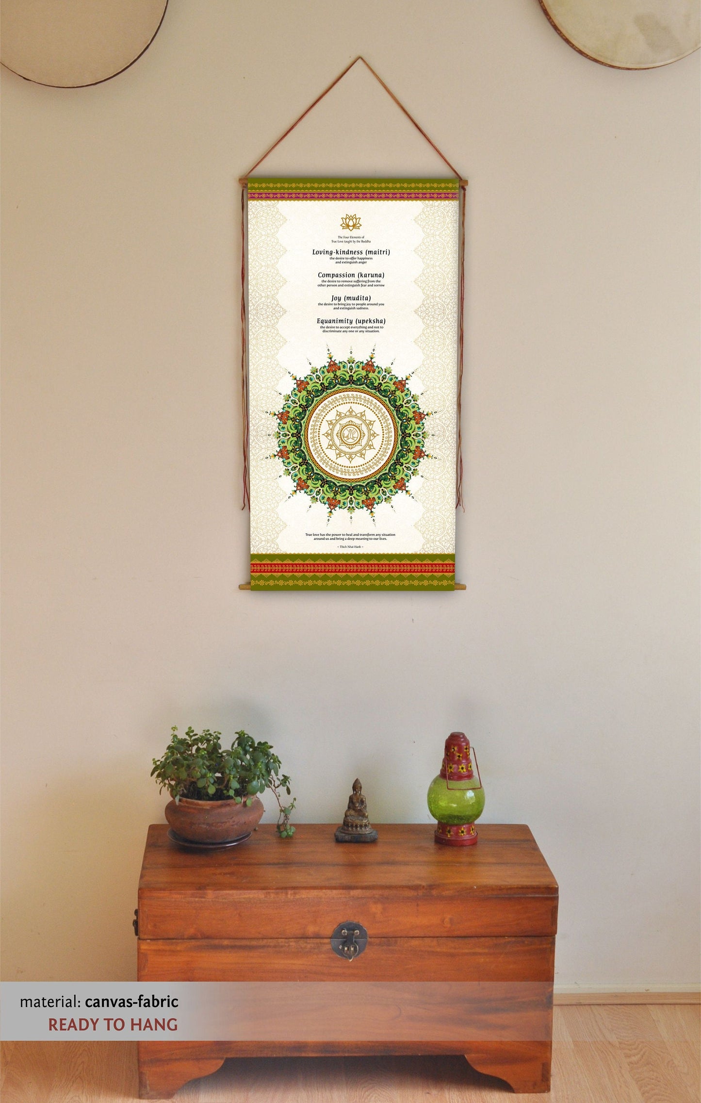 Thich Nhat Hanh, Wall Hanging,  The Four Elements of  True Love taught by the Buddha, Thich Nhat Hanh Quote, Buddhist Wall Art, Tapestry