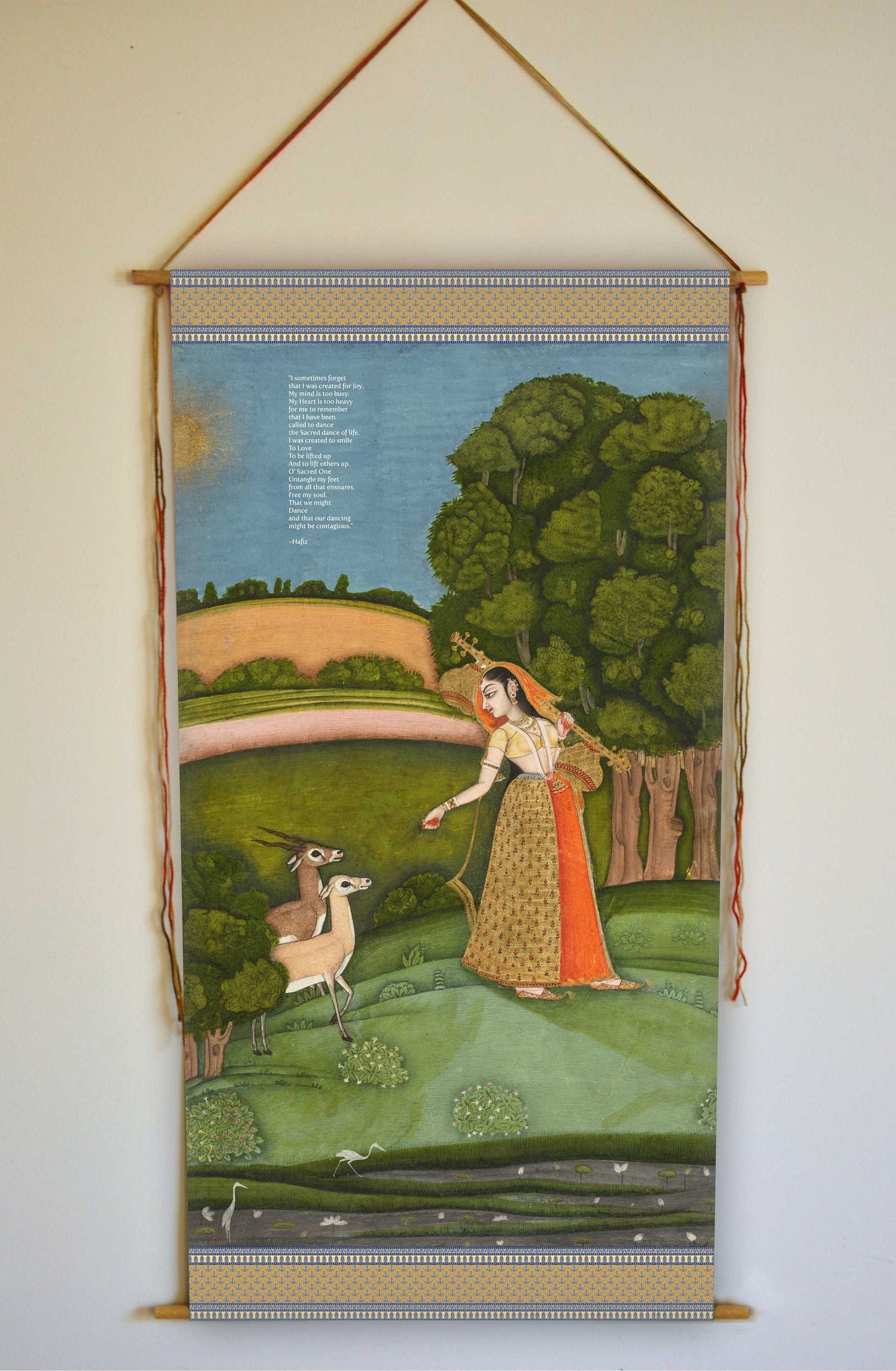 Hafiz Poem, Indian Ragamala Painting, Wall Hanging, Woman with Animals, Antique Artwork, Vintage Indian Wall Art, Todi Ragini, Tapestry