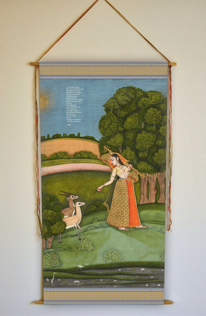 Hafiz Poem, Indian Ragamala Painting, Wall Hanging, Woman with Animals, Antique Artwork, Vintage Indian Wall Art, Todi Ragini, Tapestry