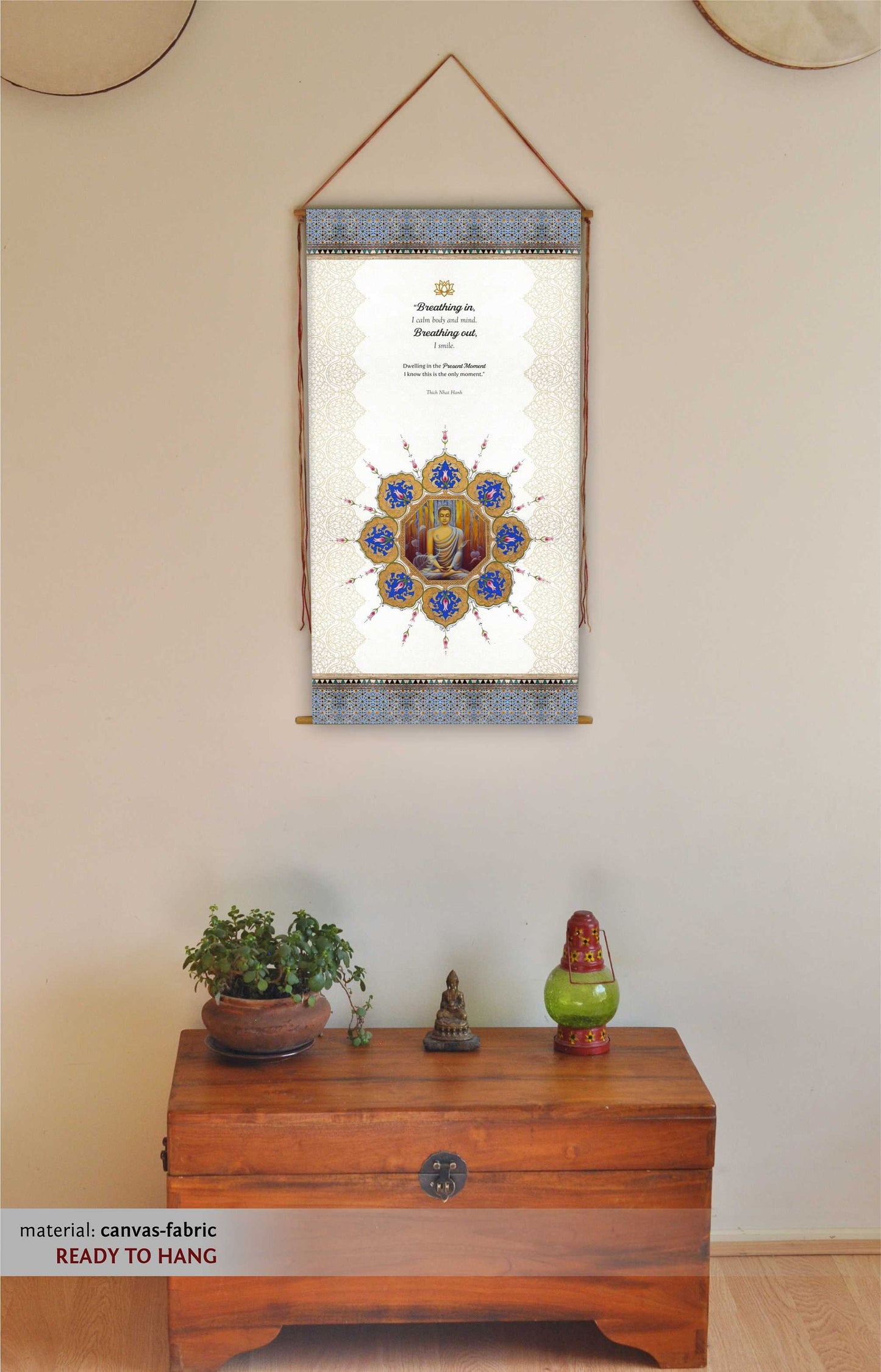 Thich Nhat Hanh, Wall Hanging,  Breathing in, I calm body and mind.  Breathing out, I smile, meditation altar,Tapestry