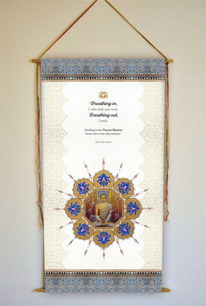 Thich Nhat Hanh, Wall Hanging,  Breathing in, I calm body and mind.  Breathing out, I smile, meditation altar,Tapestry