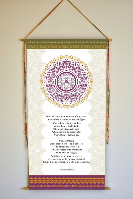 St Francis of Assisi prayer, Lord, make me an instrument, Om symbol, Wall Banner, Inspirational, Wall Hanging, Handmade, Tapestry