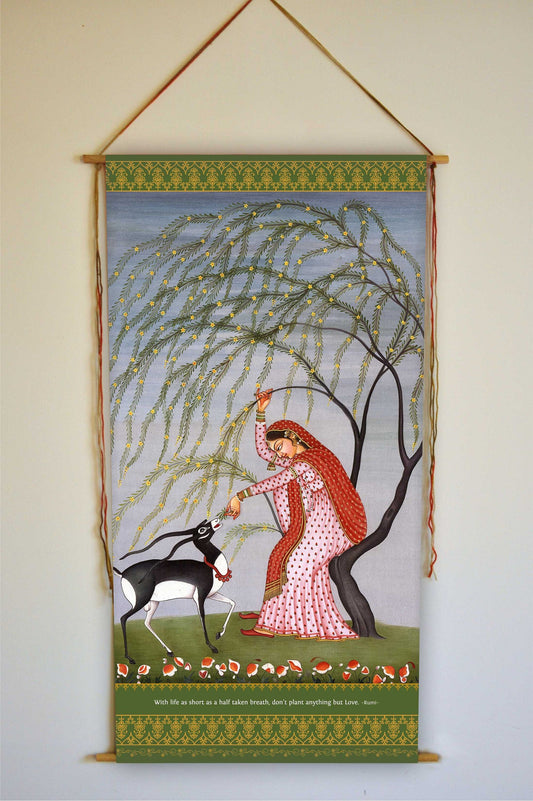 Indian Woman Painting, Woman with Animals, Animal Lover, Rumi Quote, Rumi Art, Indian Ragamala Painting Print, Vintage Exotic Wall Art