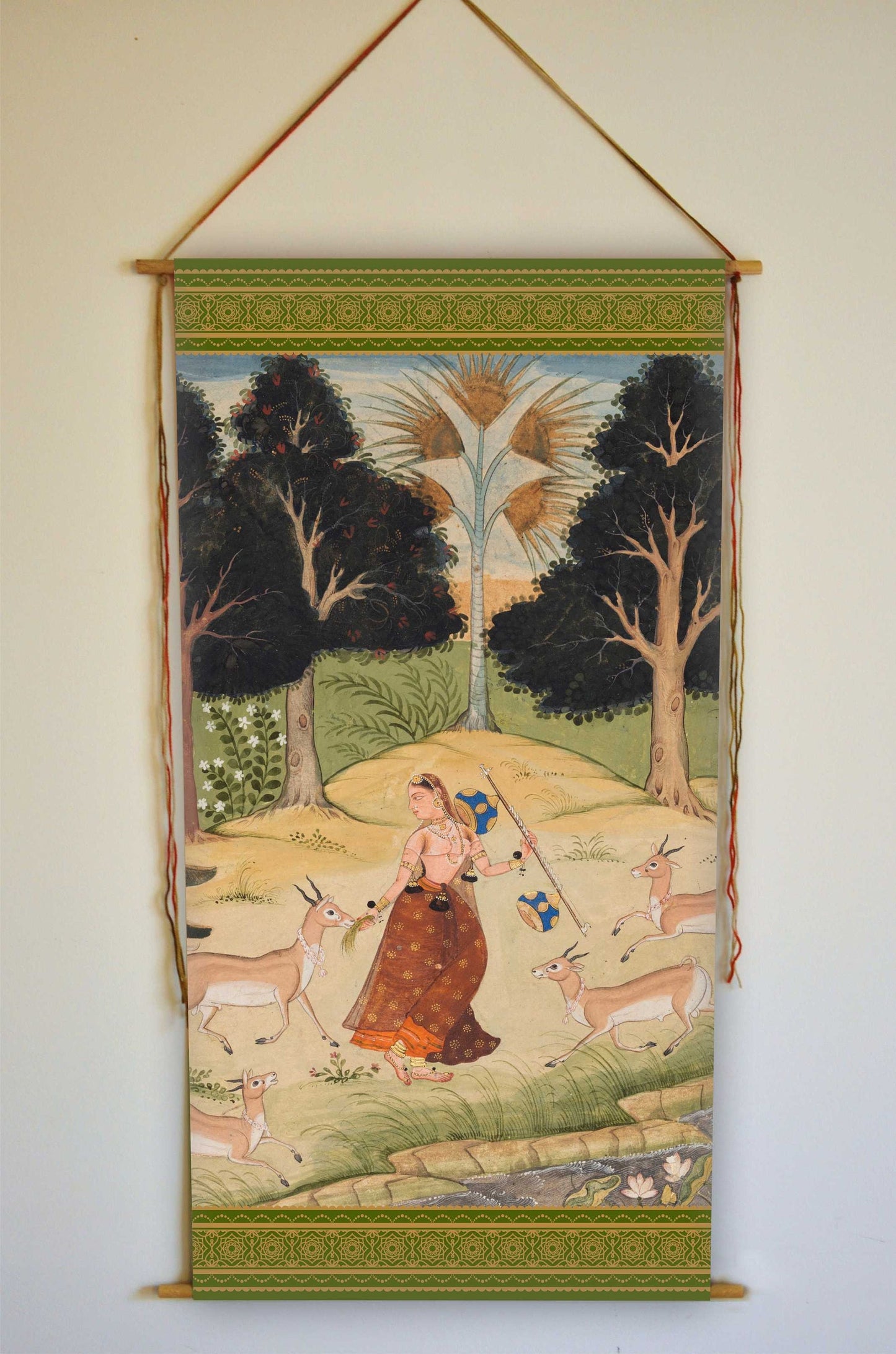 Indian Ragamala Painting Print, Wall Hanging, Woman with Animals, Antique Artwork, Vintage Indian Wall Art, Female Ragini, Canvas, Tapestry